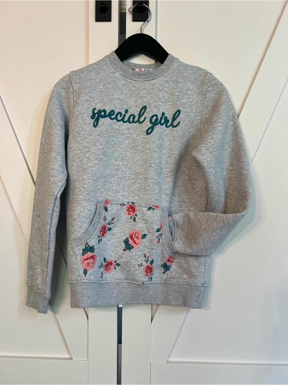 Lolita Grey Sweatshirt with Teal Script and Pink Rose Pocket